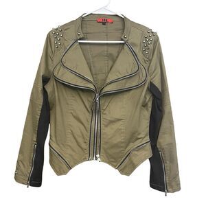 HL Women's Large Olive Studded Zip Up Jacket Moto Cropped Punk Biker Rocker